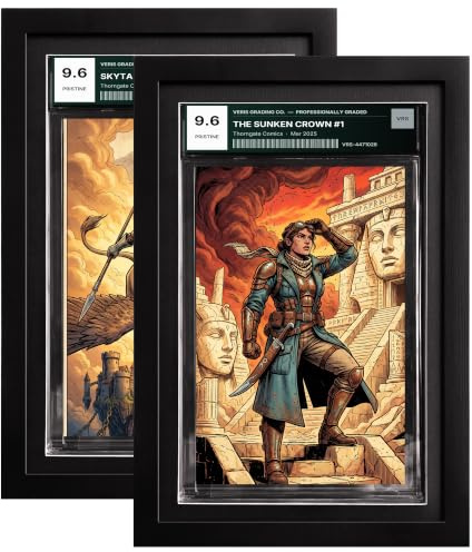 trlry Comic-Bilderrahmen für CGC-Platten, massives Kiefernholz, 2 Stück | Mattschwarzes Finish, 1,70 cm nutzbare Innentiefe, schwarze Matte, Rückwände mit Drehlasche, Befestigungsmaterial zum