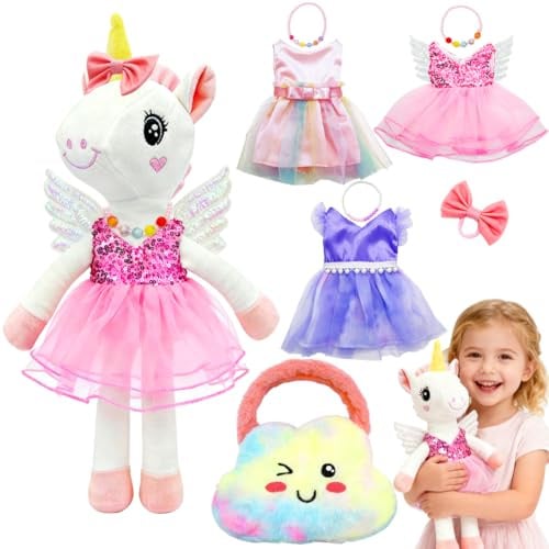 BOLZRA Ballerina Unicorn Toys for Girls Age 4-6, Unicorn Stuffed Animal Dolls Playset, 3 Set Ballet Princess Dress Up Doll with Rainbow Plush Bag, Unicorns Gifts for Birthday Easter Basket Stuffers