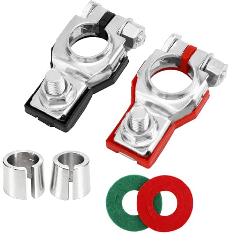 2pcs Car Battery Terminal Connectors with Shims & Washers, Universal Positive & Negative Terminal Adapter Kit Battery Post Shims Washers for Car Truck Boat