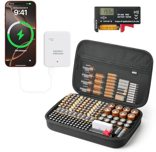 Battery Organizer Storage Case Box with Emergency Power Bank - Convert 4 AA Batteries to Phone Charger with Tester BT-168 PRO for AA AAA C D 9V CR2032 3V, Safe Battery Holder Holds 200+ Batteries