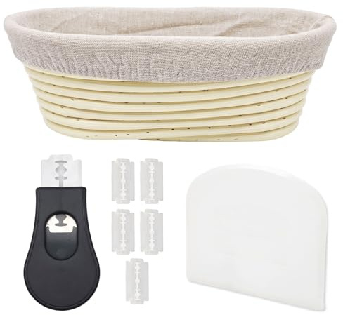 Gärkörbchen Oval, 25CM Gärkorb zum Brotbacken Set,Sauerteig Starter Set mit Leinentuch Schaber und Bäckermesser, Garkorb Brot Backen Zubehör für Anfänger und Profis, Brotbackwerkzeug