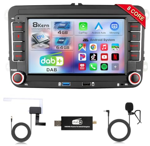 DAB+ Android Autoradio mit Navi Bildschirm für VW Golf 5 6 Seat Passat Sharan Tiguan, Wireless Android Auto 8 Core 4G+64G Golf Radio Carplay, 7 Zoll VW Polo T5 Caddy Radio Bluetooth RDS FM GPS WiFi