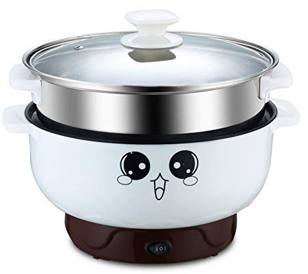ele ELEOPTION 4-in-1 Multifunction Electric Skillet Non-Stick Stainless Steel Hot Pot Noodles Rice Cooker Steamed Egg Soup Pot MINI Heating Pan Cooking Fried, with Steam Grid, 3.2L(diameter 24CM)