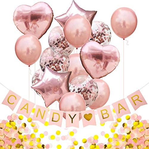 Oblique-Unique® Candybar Hochzeit JGA Baby Shower Geburtstag Party Feier Deko Set - Candybar Girlande + Konfetti Folien Luftballon Set + 1000 Stk. Papier Konfetti in Roségold Gold Weiß Champagner