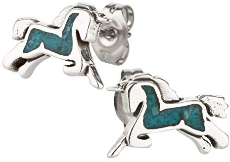Ohrstecker Ohrringe Einhorn Silber 925 Sterling Türkis Inlay als Ohrschmuck mit kleiner Schmuckbox - 7K - Indianer Schmuck Geschenke für Damen, Mädchen, Jungen, Kinder und Herren
