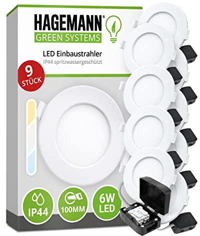 HAGEMANN® 9 x LED Einbaustrahler IP44 6 Watt 500lm Ø 105 mm Bohrloch 230V spritzwassergeschützte Badezimmer Einbauleuchte ultra flach 26mm Einbautiefe