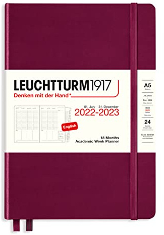 LEUCHTTURM1917 366027 Akademischer Wochenplaner Medium (A5) 2023, 18 Monate, Port Red, Englisch