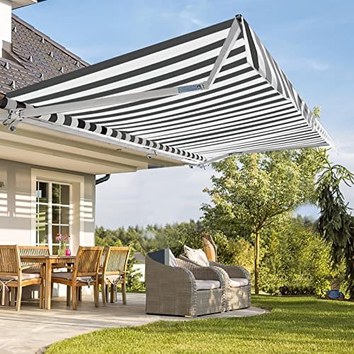Fiqops Markise manuelle Gelenkarmmarkise 350x300cm Sonnenmarkise Sonnenschutz mit Kurbel, Anti-UV und wasserfest, Alu/Polyester für Balkon, Terrasse, Garten, Weiß/Grau Gestreift
