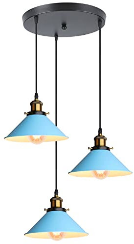 iDEGU Retro 3-flammige Pendelleuchte, Industrial Hängelampe E27 Deckenleuchte Metall Lampenschirm 22cm Design Edison Vintage Lampe Hängeleuchte für Küche Esszimmer Schlafzimmer Flur (Blau)