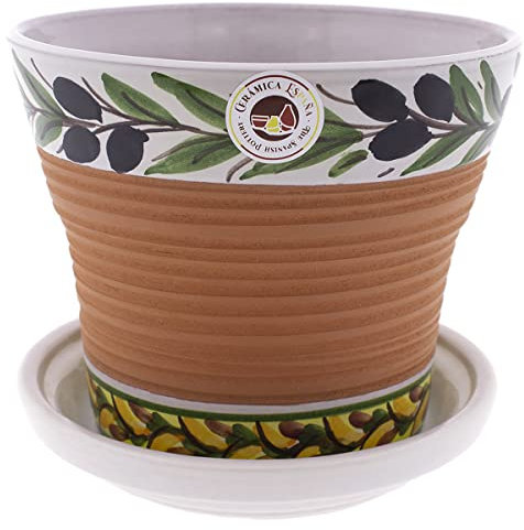 CERÁMICA ESPAÑA | Macetas de Barro | Macetas Decorativas | Macetas de cerámica | Macetas Exterior | Decorado Aceitunas - D09 | Decoración 100% Hecho a Mano | 20x20x18 cm | Plato esmaltado Incluido