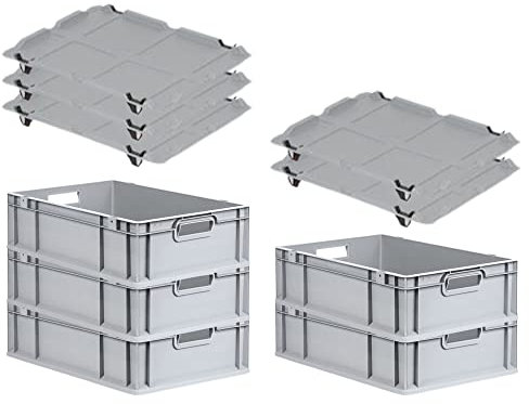 PROREGAL SuperSparSet 5x Eurobox NextGen Grip mit Auflagedeckel & 4 schwarzen Schiebeschnappverschlüssen, HxBxT 17x40x60cm, 34 L, Grau, Griffe offen, Eurobehälter, Transportbox