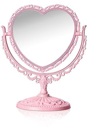 QEEYON Kosmetikspiegel mit rosa Herzen, doppelseitig, um 360 Grad drehbar, ästhetischer Make-up-Kosmetikspiegel für Tisch, Schreibtisch, Arbeitsplatte, Kommode, Kokette, Badezimmer, Schlafzimmer