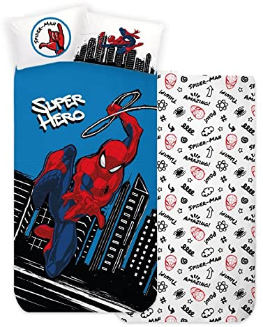 Kinder-Bettwäsche-Set, 3-teilig, Spannbettlaken, Bettlaken, Kissenbezug, Einzelbett, 100 % Baumwolle (Spiderman 1)
