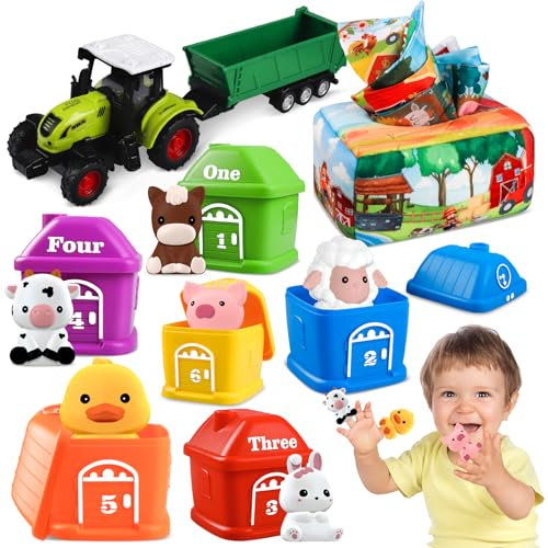Montessori Baby Spielzeug 6 Monate-3 Jahre, 3 IN 1Lernspielzeug für Kleinkinder, Bauernhof Spielzeug, Traktor Spielzeug,Taschentuchbox,Motorikspielzeug, Weihnachtengeschenke für Kinder 1 2 3 Jahre