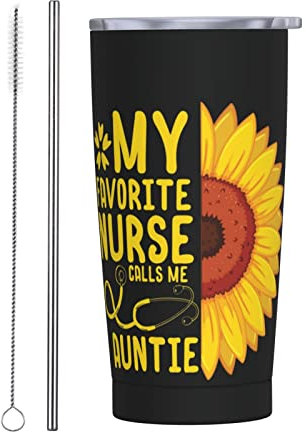 RFSHOP Sunflower Nurse Tumbler mit Deckel und Strohhalm, isolierter Reisebecher für heiße und kalte Getränke, Kaffeetasse, Wasserflasche für Mama, Papa, 590 ml