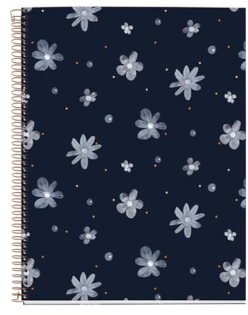 Miquelrius - Notebook A4 (210 x 297 mm), kariert 5 mm, 120 Blatt 70 g/m², Kartoneinband mit goldenen Details, 4 farbige Streifen, Kupferspirale, Kollektion Midnight Secrets, blaue Blumen
