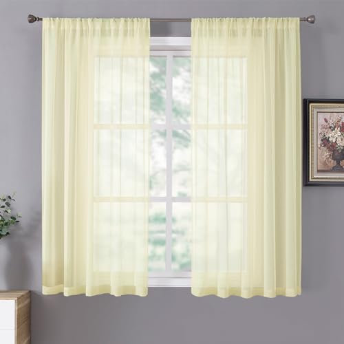 Tollpiz Short Sheer Curtain Living Room Linen Textured Curtains Sheer Light Filtering Voile Rod Pocket Curtain for Bedroom, 38 x 54 inches Long, Transparent Yellow, Set of 2 Panels