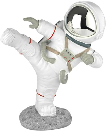 BRUBAKER Dekofigur Astronaut in Karate Pose - High Kick - 19 cm Spaceman Weltraum Figur mit verchromtem Helm - Handbemalte Moderne Raumfahrt Statue - Silber und Weiß