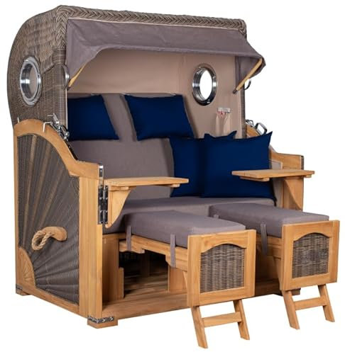 MR. DEKO® Strandkorb Düne Grande XL 2,5-Sitzer Teak | PE Geflecht Grey - Dessin 588 | Volllieger Strandstuhl mit Bullauge inkl. 2 Fußablagen | je 2 Kissen und Nackenkissen | Strandkörbe aus Teakholz