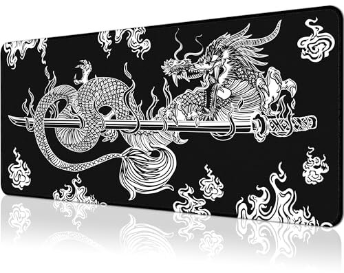 Japanese Dragon Large Gaming Mouse Pad for Desk, Black Mouse Pad Gaming Mouse Mat Desk Pad, Non-Slip Base Computer Pad Keyboard Mat, 31.5x11.8in XL Mousepad with Stitched Edge for Home Office