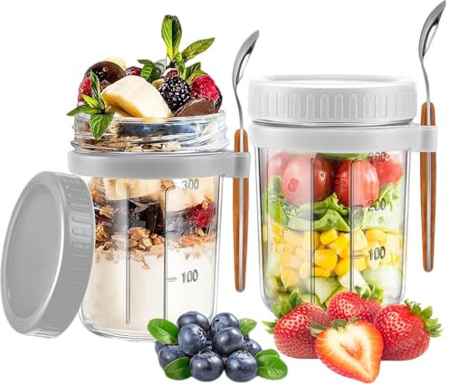 2 Pack Overnight Oats Jars with Lids and Spoons, 12 Oz Overnight Oats Container with Measurement Marks, Large Capacity Airtight Breakfast Mason Jars for Milk, Fruit, Cereal (White+Grey)