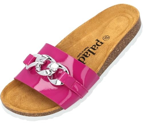 Palado Pantoletten Damen Gozo - bequeme Sandalen Made in Spain - Hausschuhe mit dämpfendem Kork-Fußbett - modische Sommerschuhe Pink Lack UK4,5 - EU37