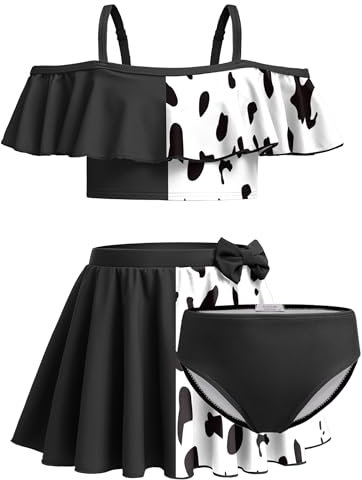 Arshiner Mädchen Badeanzug 3-teilig Blumen-Bikini Badeanzug Bademode Rüschenärmel Strand Bademode Badebekleidung Schwimmen Badeset für Kinder Kuh-Druck 140