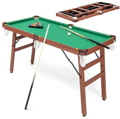 SPOTRAVEL 4FT/4.5FT Billiards Table, Folding/Non-folding Snooker Table with 2 Cue Sticks, 2 Chalks, 16 Balls, Triangle & Brush, Portable Pool Game Table Set(Green+Brown, Wooden Legs, 138 x 67 x 80cm)