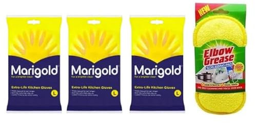 MM Marigold Extra-Life Large Gloves Pack of 3 + Free Elbow Grease Scrubbing Pad - Durable Kitchen Cleaning Solution