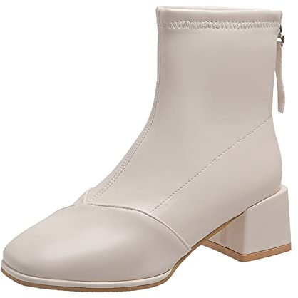 Moda Donna In Pelle Artificiale Tinta Unita Autunno Suola Spessa Tacchi Quadrati Cerniera Mid Stivaletti Punta Quadrata Stivali per Le Donne Vitello Spessore, bianco, 37.5 EU