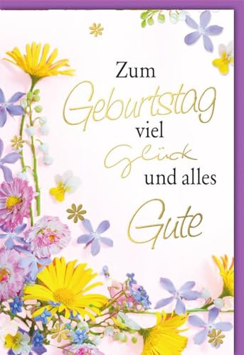 Verlag Dominique Geburtstagskarten Glückwunschkarten Geburtstag Doppelkarte Zum Geburtstag viel Glück und alles Gute bunte Blumen in Gelb Lila Blau und Rosa mit Umschlag
