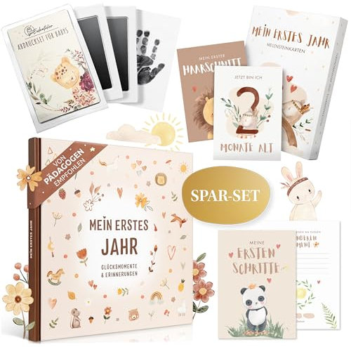EULENTALER® Mein erstes Jahr Spar-Bundle I Nursery I Von Pädagogen gestaltet I 1x Babytagebuch, 1x Meilensteinkarten-Set, 1x Abdruckset Baby I Mein Babyalbum, Geschenkidee zur Geburt