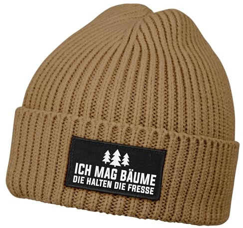 MoonWorks® Herren Beanie mit Patch Strickmütze mit Spruch Ich mag Bäume -die halten die Fresse Aufdruck Lustig Mütze Männer Hellbraun Unisize