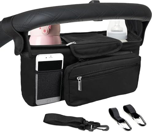 Kinderwagen Organizer – Universal mit Isoliertem Becherhalter, Schultergurt und Reißverschlusstasche, Wickeltasche für Kinderwagen und Buggy mit Großem Stauraum, Praktische Kinderwagentasche (Schwarz)