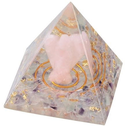 Nupuyai Fluorit Kristall Pyramide mit Rosenquarz Schutzengel, Spirituelle Heilung Engel Figur Edelstein Pyramide Reiki Schutzstein Meditation Feng Shui Dekoration