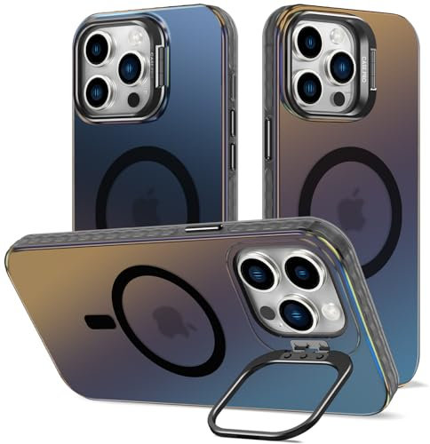 Cover Cavalletto per iPhone 13 Pro Max Compatibile con MagSafe, Magnetica Custodia con Supporto Iridescente Fluorescente Effetto, Antiurto Antigraffio Colorata Traslucida Glassato Case, Nero
