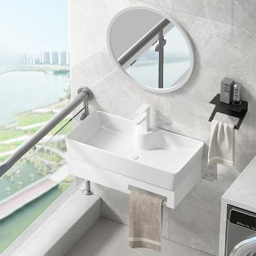 Corner Bathroom Vanity Cabinet with Ceramic Sink Wall Mounted Floating Unit Mirror & Towel Bar Ideal for Small Toilets & Cloakrooms (23.6in/60cm)