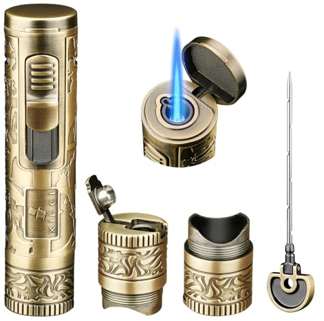 XIFEI Taschenlampe Feuerzeug, 4 in 1 Zigarrenfeuerzeug mit Jet Flame, Punch, Halter, Draw Enhancer, Winddicht Nachfüllbar Butan Feuerzeuge, Multifunktions Zigarren Zubehör Geschenk für Männer (Bronze)