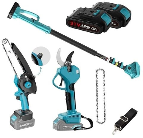 Kit de Poda a Bateria Profesional | Motosierra Lubricada con Depósito de aceite + Tijeras de Podar Electricas 40 mm | Pertiga Telescopica hasta 4,5 m y Mango de Agarre | Incluye 2 Baterias