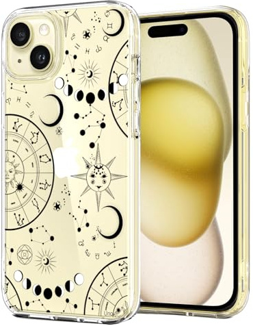 Unov Hülle für iPhone 15, Handyhülle Klar mit Motiv, Tierkreis Galaxie | Transparente Schlank Guter Halt, Rutschfest Prägung Muster, Stoßfest Schützende, Erhöhter Kameraschutz, Kratzfest Weich TPU
