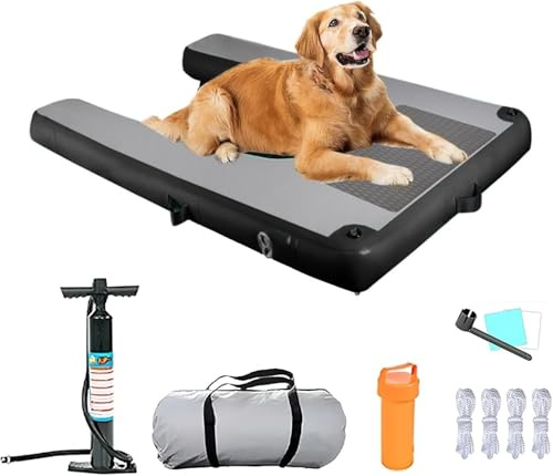 AVLLSO Rampe d'eau Gonflable pour Chien, Plateforme de Sport Flottante, Escaliers de Dock de Chien en PVC de Haute visibilité pour Piscine/Bateau/lac(Black)