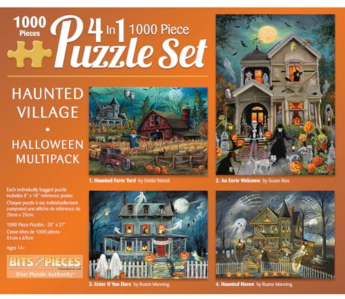 Bits and Pieces 1000 Piece Puzzles for Adults - Large 20 x 27 Jigsaw Puzzles 1000 Pieces Halloween Puzzles - Haunted House Farm, No 2 Pieces Alike, Haunted Village 4 Puzzle Multikpack