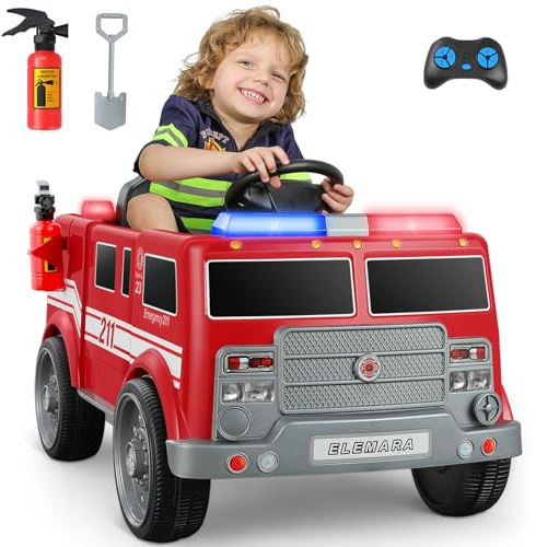 ELEMARA 12V Elektro Feuerwehrauto für Kinder,Elektroautos für Kinder im Alter von 3-6 Jahren,Elektrische Kinderautos mit Fernbedienung,batteriebetriebenes Kinderfahrzeug, mit Sirene, Walkie-Talkies