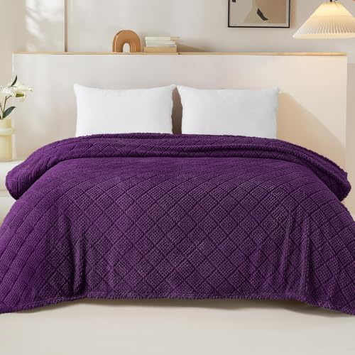 Whale Flotilla Coperta Plaid in Pile di Microfibra, Coperta Morbida, Calda e Soffice per Letto Singolo e Matrimoniale, Copridivano Leggera per Ogni Stagione, 220 x 240 cm, viola scuro | Copriletto in jacquard goffrato, leggero, morbido e soffice per 4 stagioni