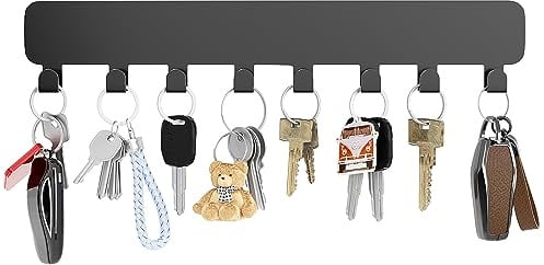 Josmimic Key Hook Wall Mount, Self Adhesive Metal Key Rack with 8 Hooks, No Drill Wall Key Hanger for Entryway, Kitchen, Office, Black
