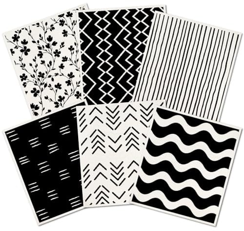 PRESSINART 6Pcs 6 Styles Geometric Dish Cloths Swedish Kitchen Dishcloths Reusable Wash Towels Washable Rectangle Cellulose Sponge White and Black Flower Simple Line Mixed Pattern for Kitchen Cleaning