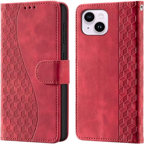 Wallet Flip Case for iPhone 14 Plus Leather Red | RFID Blocking, 3 Card Slots & 1 Cash Pocket, Magnetic Closure, Kickstand, PU Leather Flip Cover for iPhone 14 Plus