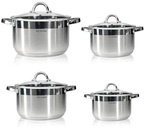 Edelstahl Topfset 8-teilig mit Glasdeckeln – Induktionsgeeignetes Kochtopf Set für alle Herdarten – Spülmaschinenfestes Kochgeschirr aus Edelstahl für Suppen, Pasta, Gemüse und tägliches Kochen