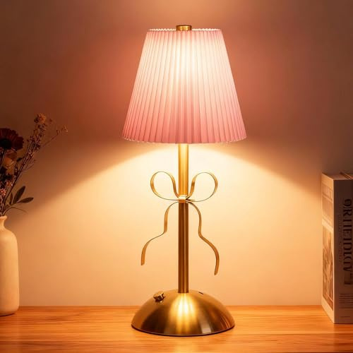 Zecnaud LED Tischlampe Kabellos Dimmbar, Nachttischlampe Touch Dimmbar, Vintage Retro Tischleuchte Akku Batteriebetrieben, 30 * 12cm Kabellose Nachttischlampe Beige für Wohnzimmer Bar (Rosa)
