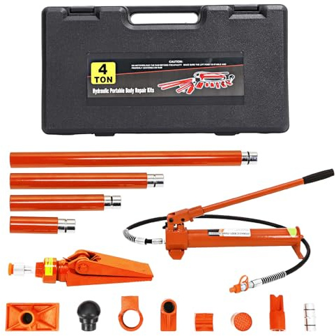 GarveeTech 4 Ton Porta Power Kit Heavy Duty Hydraulic Ram with Secure Transport Case for Auto Shop Frame Repair Construction Equipment Professional Grade Lifting Tool Orange